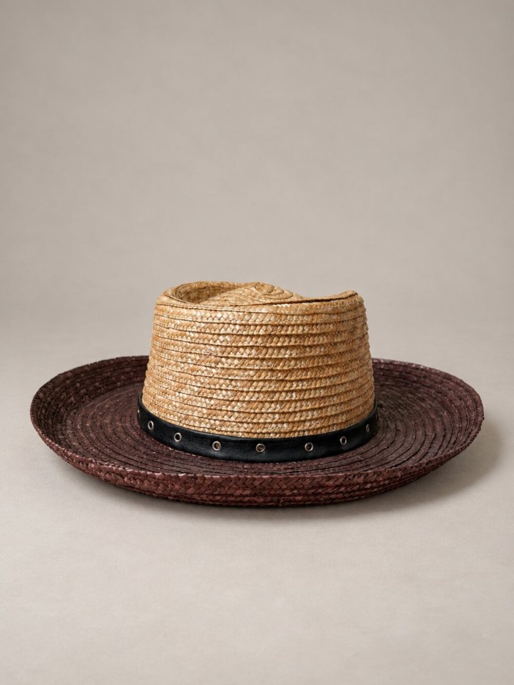 Vintage Two Tone Wide Brim Straw Hat Brown Tan Natural Fiber Size M